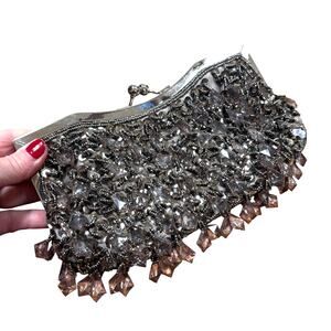Beaded evening bag converts to clutch purse silver & clear fringed dangle beads
